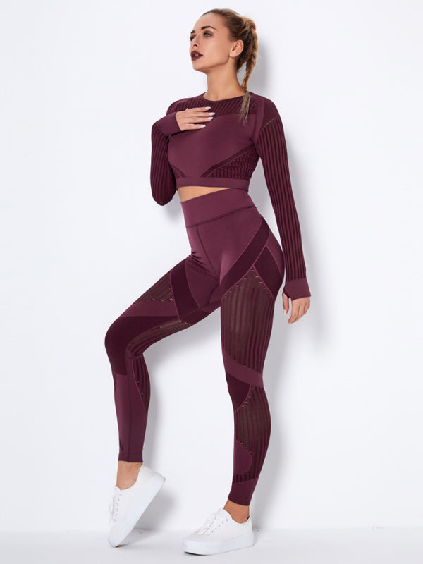 Seamless tight striped long-sleeved pants quick-drying yoga wear sportswear set - Rokkaku 18 online shop
