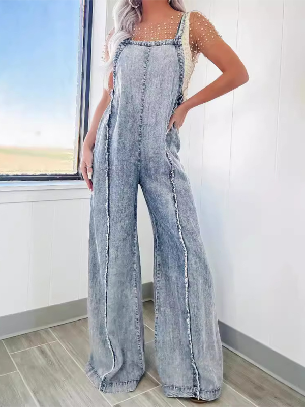 Vintage washed raw edge wide leg jumpsuit loose overalls - Rokkaku 18 online shop