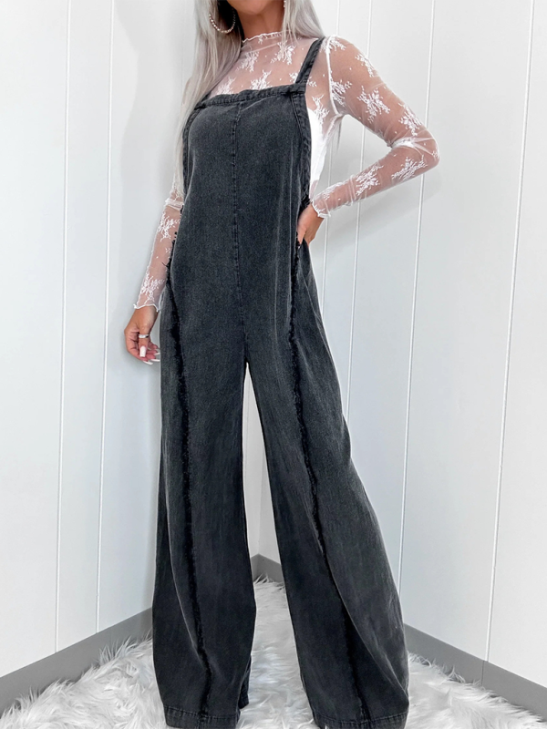 Vintage washed raw edge wide leg jumpsuit loose overalls - Rokkaku 18 online shop