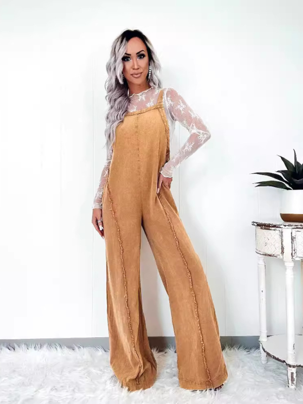 Vintage washed raw edge wide leg jumpsuit loose overalls - Rokkaku 18 online shop