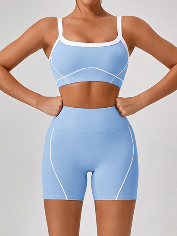 Skinny outdoor sports spaghetti strap contrast color suspender bra + shorts Yoga suit - Rokkaku 18 online shop