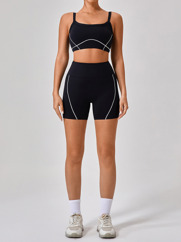 Skinny outdoor sports spaghetti strap contrast color suspender bra + shorts Yoga suit - Rokkaku 18 online shop