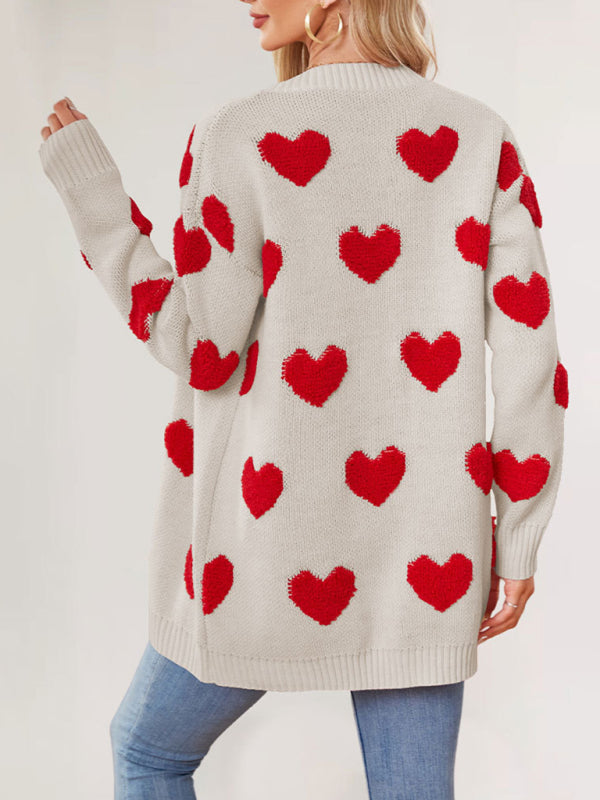 Valentine's Day Heart Knitted Midi Jacket V-Neck Button Cardigan - Rokkaku 18 online shop