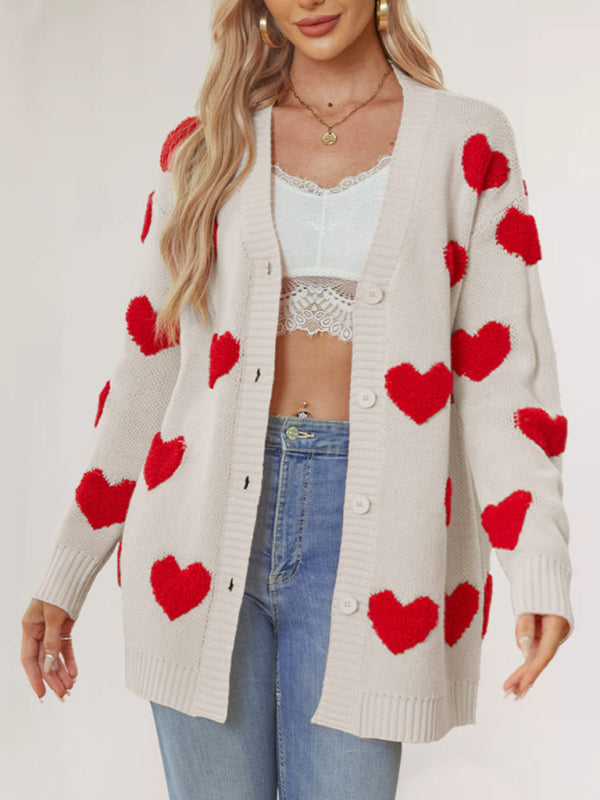 Valentine's Day Heart Knitted Midi Jacket V-Neck Button Cardigan - Rokkaku 18 online shop