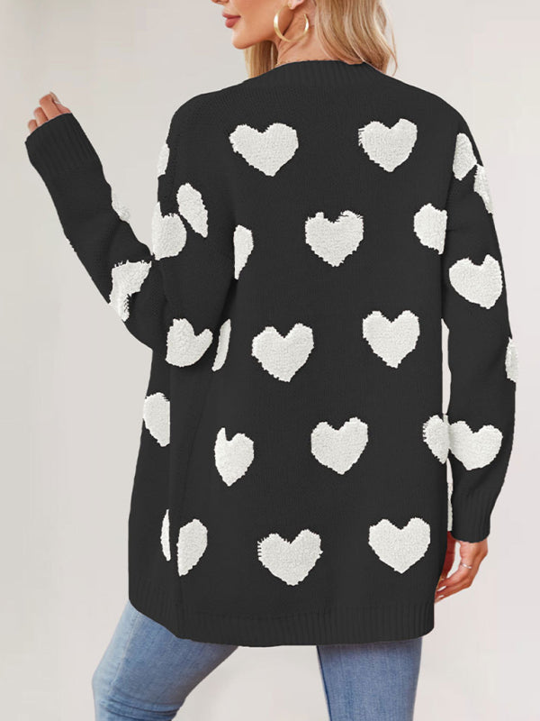 Valentine's Day Heart Knitted Midi Jacket V-Neck Button Cardigan - Rokkaku 18 online shop