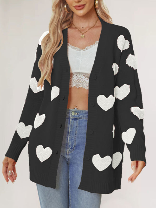 Valentine's Day Heart Knitted Midi Jacket V-Neck Button Cardigan - Rokkaku 18 online shop