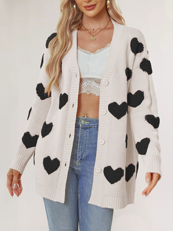 Valentine's Day Heart Knitted Midi Jacket V-Neck Button Cardigan - Rokkaku 18 online shop