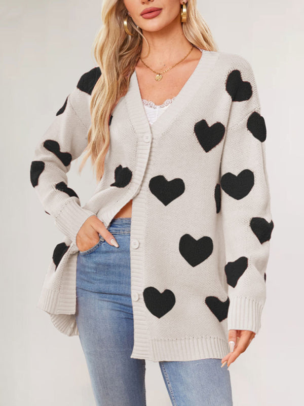 Valentine's Day Heart Knitted Midi Jacket V-Neck Button Cardigan - Rokkaku 18 online shop
