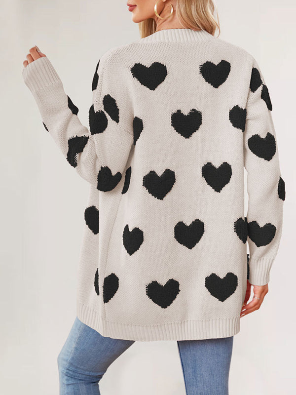 Valentine's Day Heart Knitted Midi Jacket V-Neck Button Cardigan - Rokkaku 18 online shop