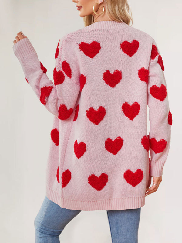 Valentine's Day Heart Knitted Midi Jacket V-Neck Button Cardigan - Rokkaku 18 online shop