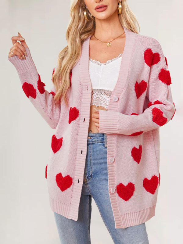 Valentine's Day Heart Knitted Midi Jacket V-Neck Button Cardigan - Rokkaku 18 online shop