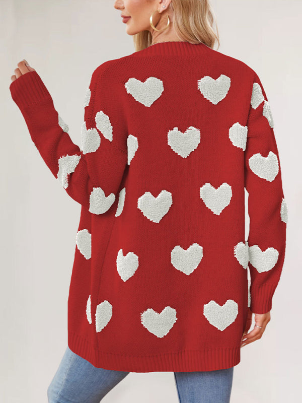 Valentine's Day Heart Knitted Midi Jacket V-Neck Button Cardigan - Rokkaku 18 online shop