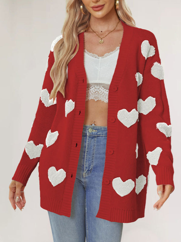 Valentine's Day Heart Knitted Midi Jacket V-Neck Button Cardigan - Rokkaku 18 online shop