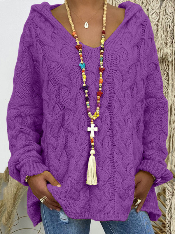 Women's long-sleeved hooded V-neck knitted loose pullover sweater (without necklace) - Rokkaku 18 online shop