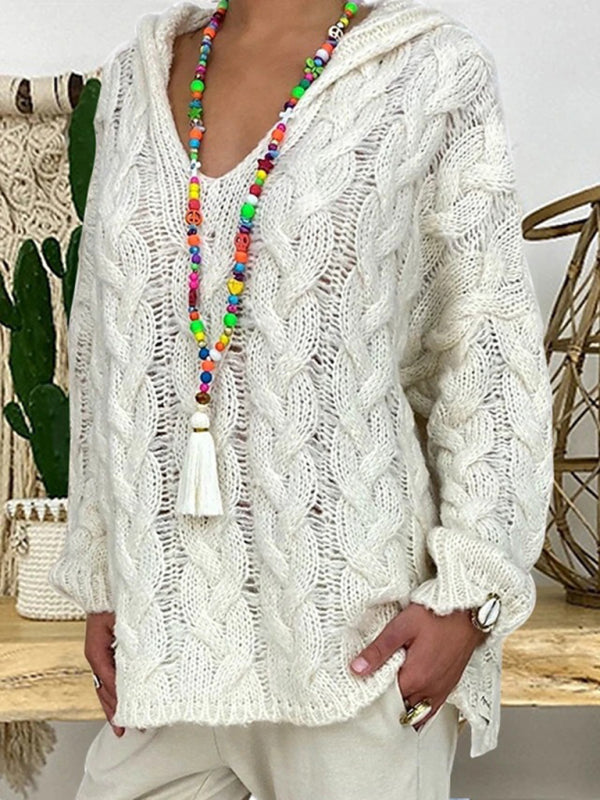 Women's long-sleeved hooded V-neck knitted loose pullover sweater (without necklace) - Rokkaku 18 online shop