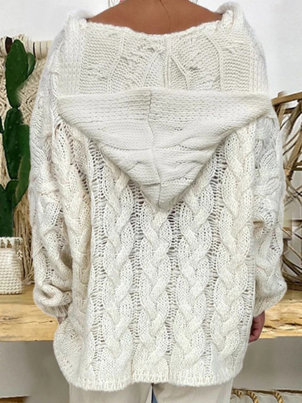 Women's long-sleeved hooded V-neck knitted loose pullover sweater (without necklace) - Rokkaku 18 online shop