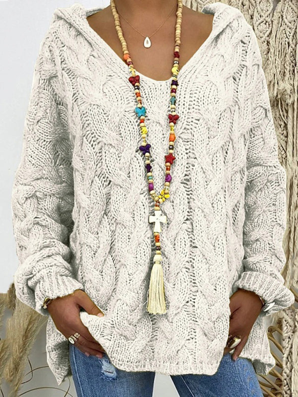 Women's long-sleeved hooded V-neck knitted loose pullover sweater (without necklace) - Rokkaku 18 online shop