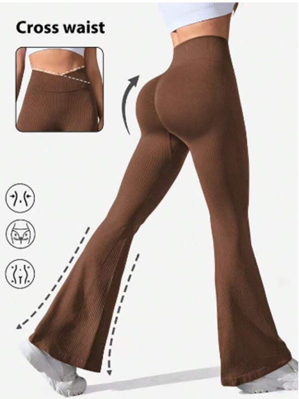 Cross Waist Threaded Flared Seamless Yoga Pants - Rokkaku 18 online shop