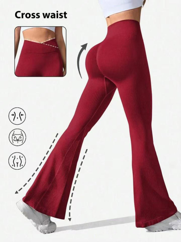 Cross Waist Threaded Flared Seamless Yoga Pants - Rokkaku 18 online shop
