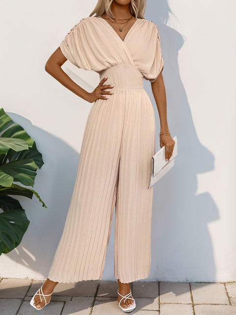 Crossover V-neck pleated wide-leg jumpsuit