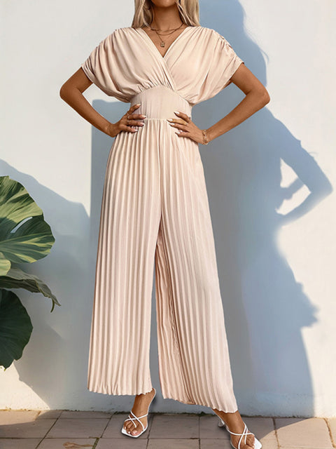 Crossover V-neck pleated wide-leg jumpsuit