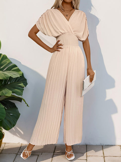 Crossover V-neck pleated wide-leg jumpsuit
