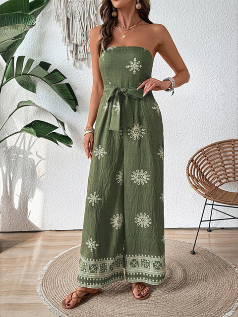 Strapless snowflake print wide-leg jumpsuit