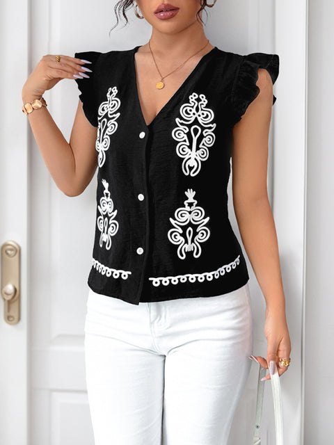 New ethnic style printed V-neck cardigan with small flying sleeves vest shirt