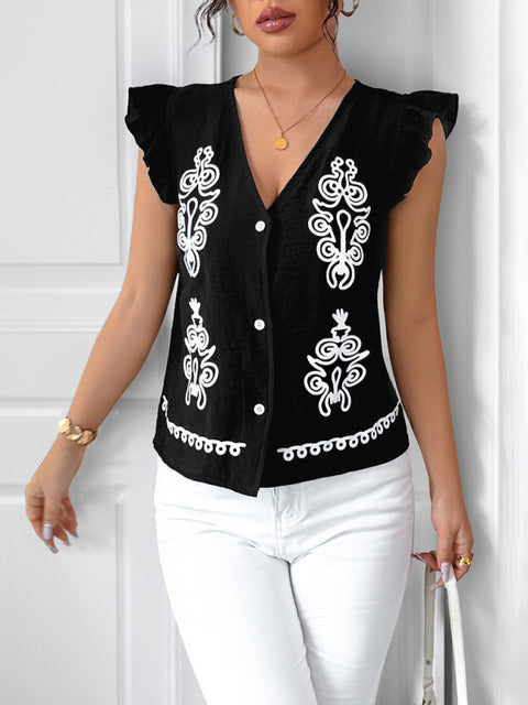 New ethnic style printed V-neck cardigan with small flying sleeves vest shirt