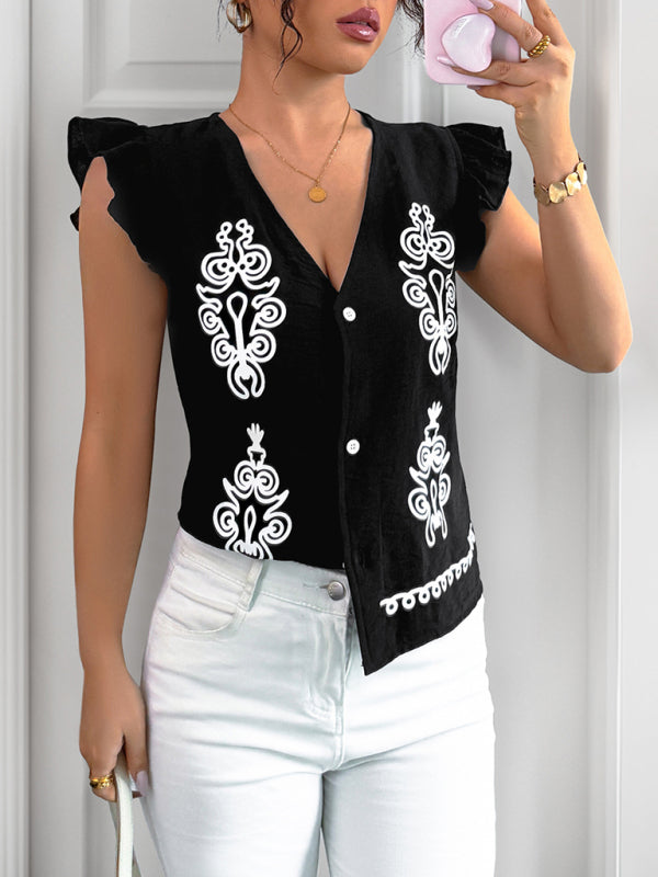 New ethnic style printed V-neck cardigan with small flying sleeves vest shirt