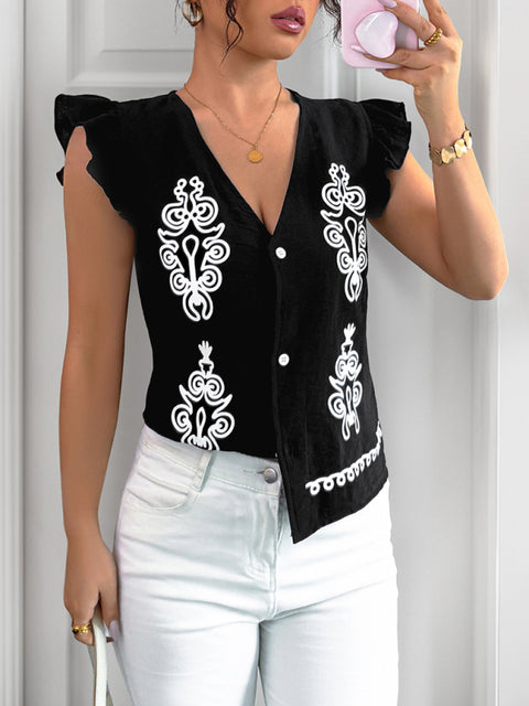 New ethnic style printed V-neck cardigan with small flying sleeves vest shirt