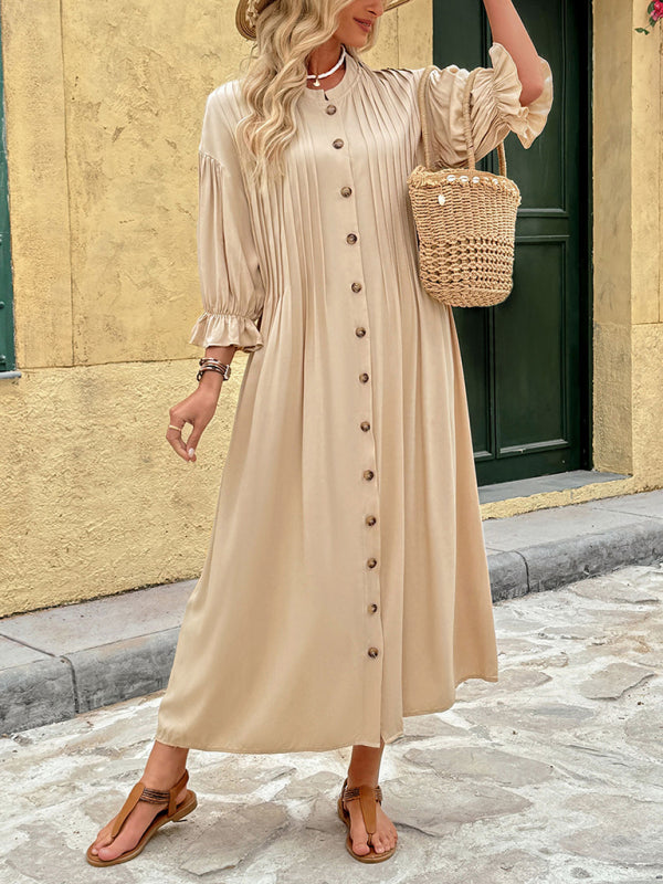 New Holiday Commuter Retro Elegant Button Solid Color Dress