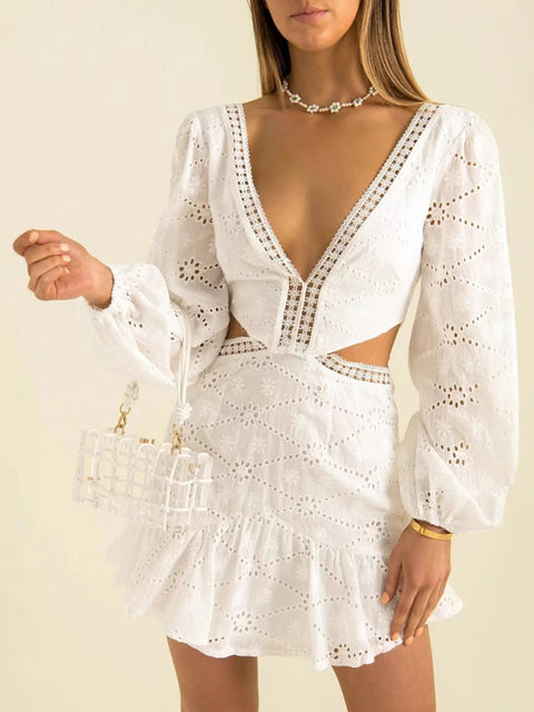 V-neck lace waist open dress