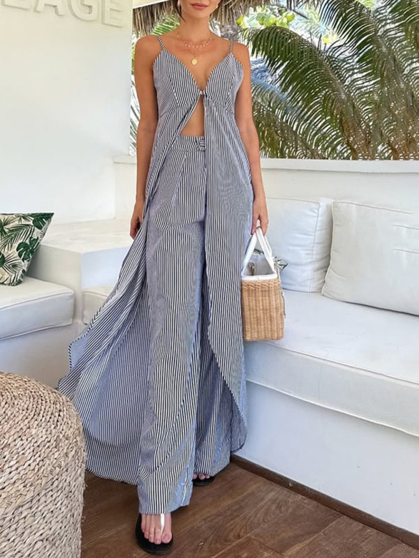 Fashion sleeveless striped camisole top with striped trousers two-piece set