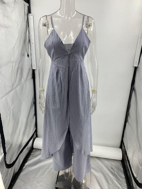 Fashion sleeveless striped camisole top with striped trousers two-piece set