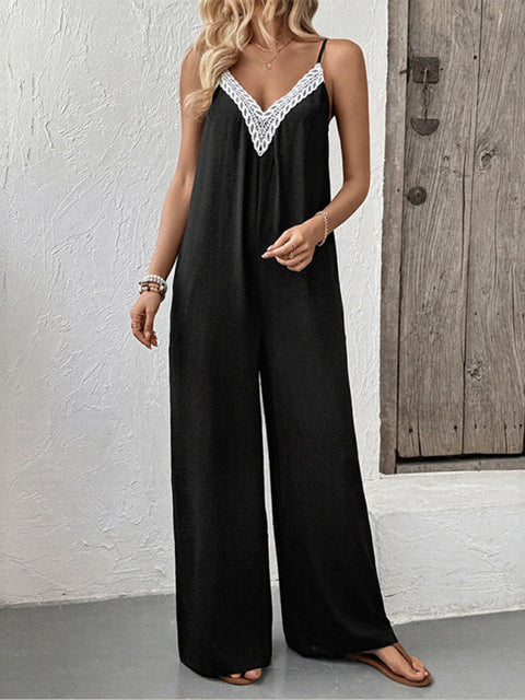 Sleeveless casual lace stitching suspenders wide-leg jumpsuit