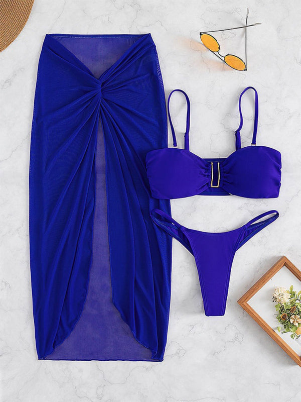 Swimsuit solid color three-piece bikini U-shaped decoration Swimsuit