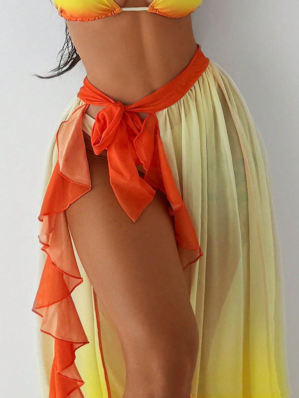 Sexy three-point gradient sunset red bikini with ruffled hem