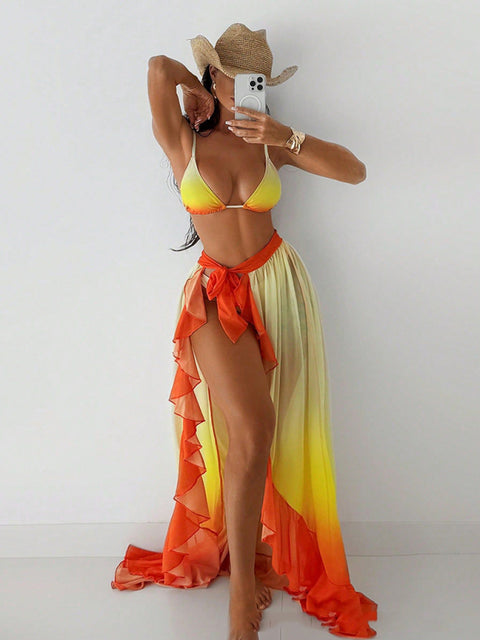 Sexy three-point gradient sunset red bikini with ruffled hem