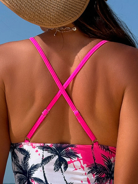 Spliced one-piece sexy maple leaf print high waist cross beach swimsuit