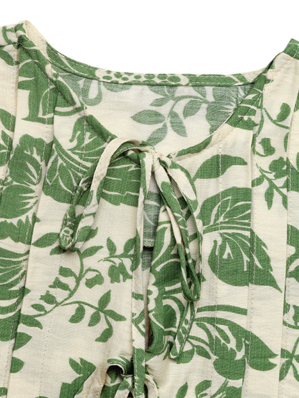 Printed Pleated Lace-Up Sleeveless Shirt