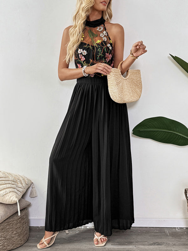 Sleeveless See-through Women's Halter Neck Sleeveless Lace Embroidery Splicing Wide Leg Jumpsuit - Rokkaku 18 online shop