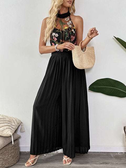 Sleeveless See-through Women's Halter Neck Sleeveless Lace Embroidery Splicing Wide Leg Jumpsuit