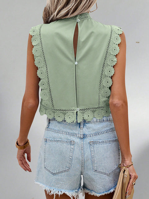 Lace embroidered plant round neck sleeveless hollow chiffon shirt