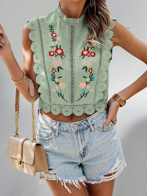 Lace embroidered plant round neck sleeveless hollow chiffon shirt