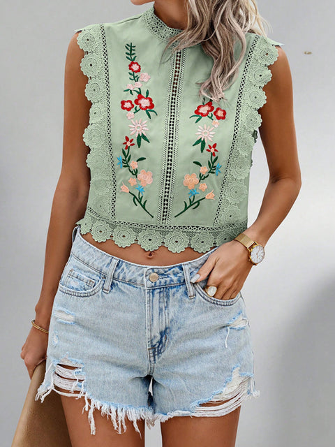 Lace embroidered plant round neck sleeveless hollow chiffon shirt