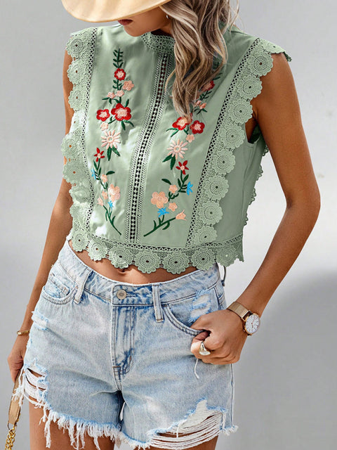 Lace embroidered plant round neck sleeveless hollow chiffon shirt