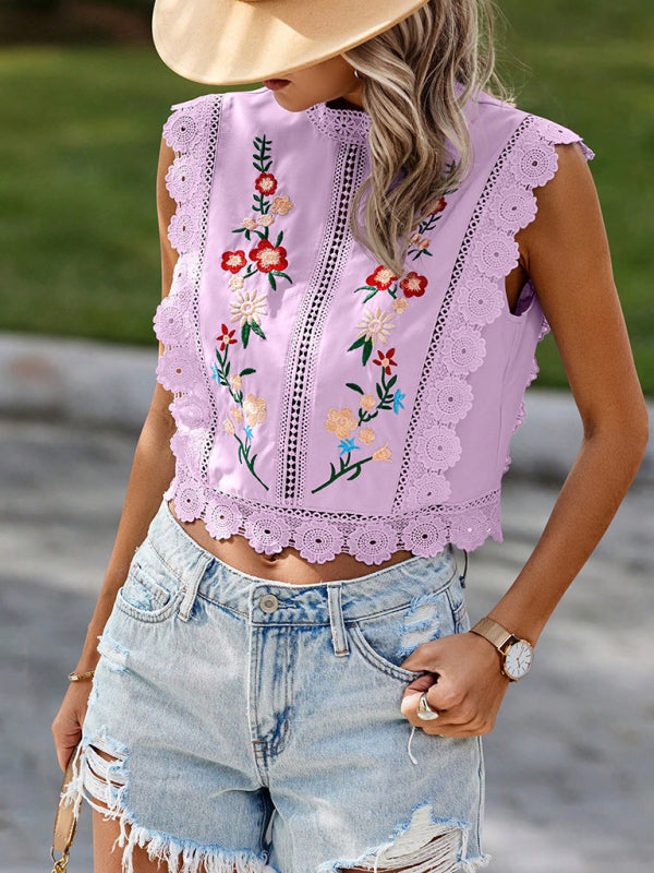Lace embroidered plant round neck sleeveless hollow chiffon shirt