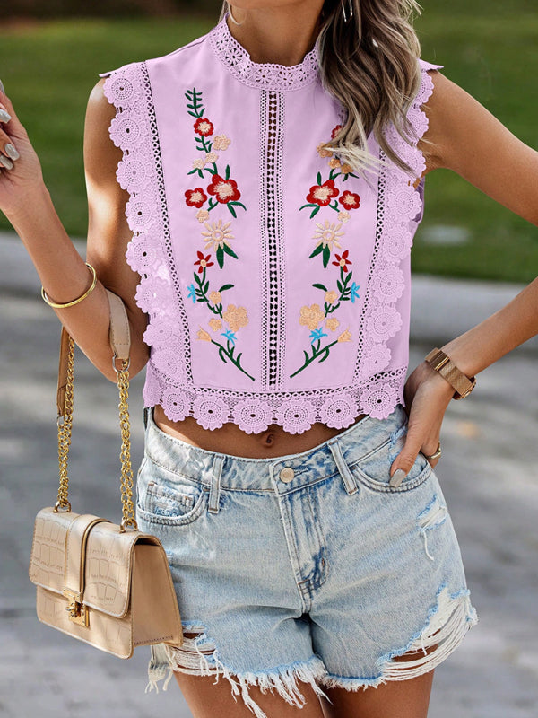 Lace embroidered plant round neck sleeveless hollow chiffon shirt