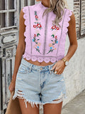 Lace embroidered plant round neck sleeveless hollow chiffon shirt
